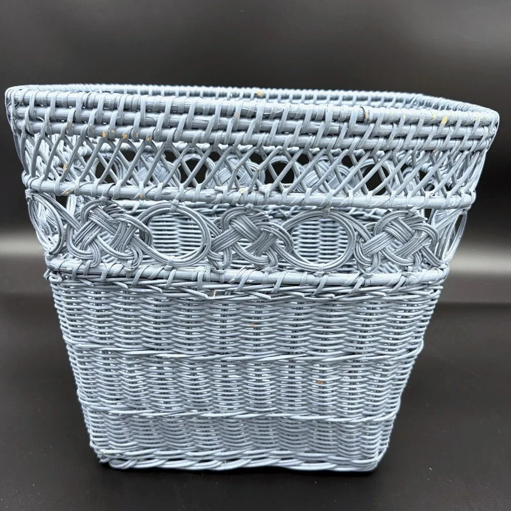 VTG Wicker Basket Light Blue Painted Braided Knot Openwork Lattice Decor